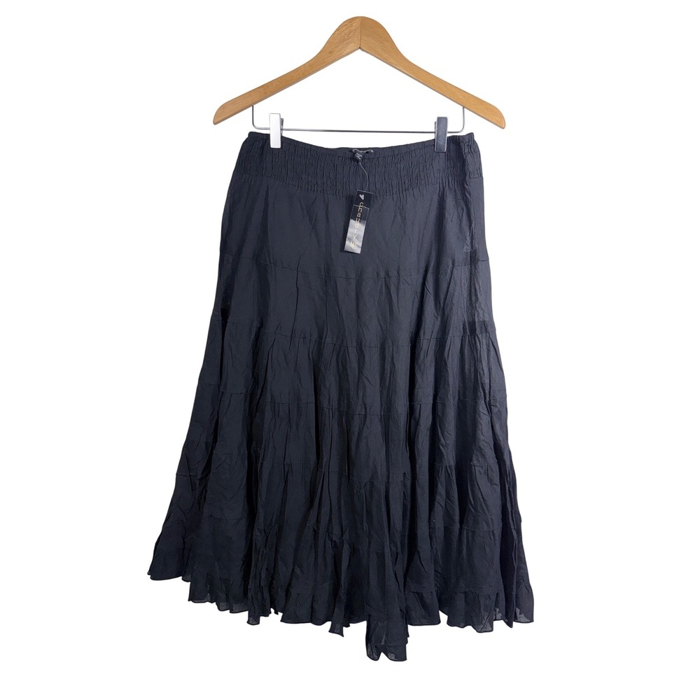 Chaudry KC Womens Black Cotton Tiered Maxi Skirt Smocked Waist Boho Size M NEW